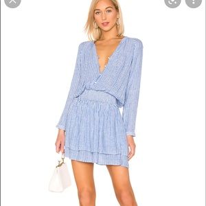 Rails Jasmine Long-Sleeve Tie-Neck Smocked-Waist Striped Linen-Blend Mini Dress